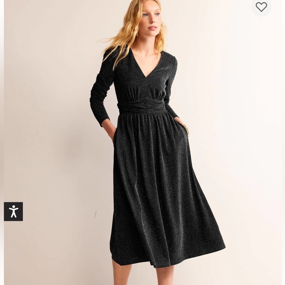 Boden Shimmering Sparkle Ruched Black Long Sleeve Midi Dress 6R NWT